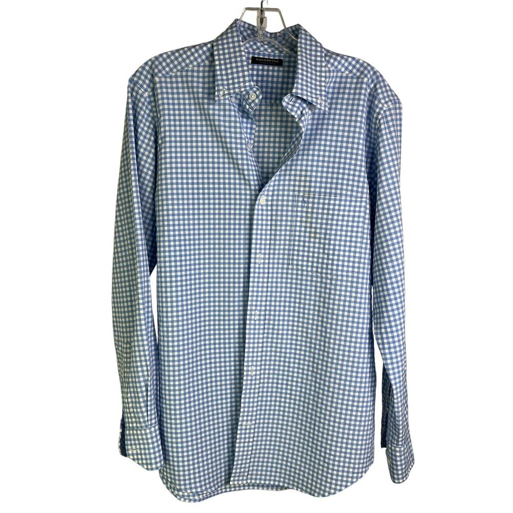 Tailor Byrd Button Down Shirt Men Blue White Check Gingham Long Sleeve Classic‎